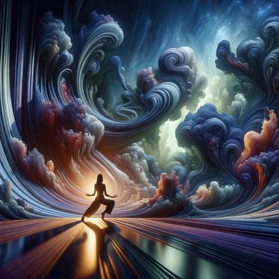 The primary subject of the image is a woman standing in a surreal, artistic environment. She is positioned in the center of the scene, with her back facing the viewer. The setting appears to be a futuristic, abstract landscape, featuring a combination of colors and textures. The visual style of the image is a mix of digital art and illustration, creating a unique and captivating atmosphere. The dominant colors in the scene are purple, blue, and orange, which contribute to the overall mood of the image